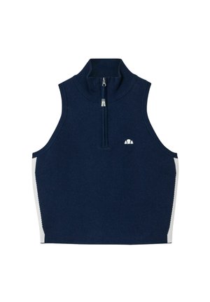 Gilet tricoté sans manches bleu marine avec panneaux latéraux blancs, col montant zippé et petit logo brodé blanc sur la poitrine.