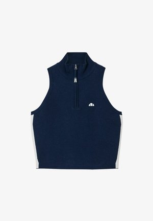 Gilet tricoté sans manches bleu marine avec panneaux latéraux blancs, col montant zippé et petit logo brodé blanc sur la poitrine.