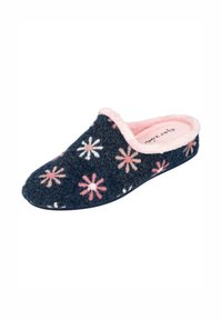 Zapatilla azul oscura con superficie texturizada, bordado floral en rosa y blanco, y un suave forro rosa. Diseño de parte trasera abierta para un uso fácil.