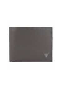 Portafoglio bifold in pelle grigio scuro con cuciture visibili e un piccolo logo metallico triangolare Guess USA nell'angolo inferiore destro.