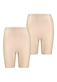 Beiget muotoilevat shortsit, jotka on valmistettu sileästä, joustavasta materiaalista. Pituus puoliväliin reittä, saumaton muotoilu ja vyötäröllä mukavuutta lisäävä resori.