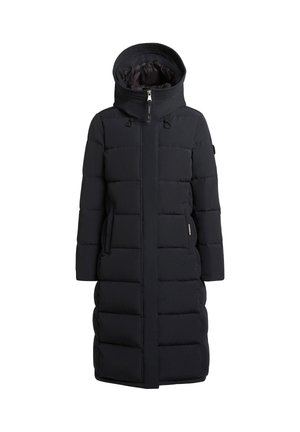 Musta pehmeä pitkä takki hupun kanssa, jossa on etuvetoketju, nepparit, kaksi sivutaskua ja tikattu muotoilu.