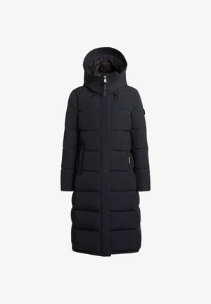 Sort polstret lang frakke med hætte, med en frontlynlås, trykknaplukninger, to sidelommer og et quiltet design.