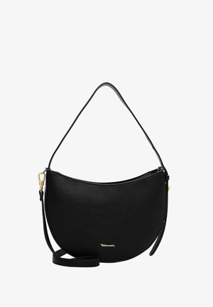 Borsa a spalla in pelle nera con forma curva, finitura testurizzata, dettagli in metallo dorato e una sottile tracolla regolabile.