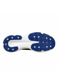 La suela del zapato presenta una base blanca con un patrón de agarre de goma azul. Las ranuras texturizadas y las indentaciones circulares mejoran la tracción.