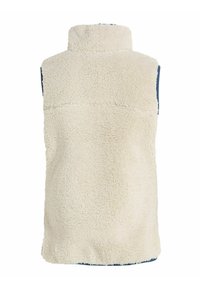 Veste sans manches en polaire beige à col montant avec tissu à texture douce et doublure bleu marine visible aux emmanchures et à l'ourlet inférieur.