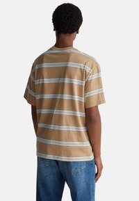 Hnědé pruhované tričko s světle modrými a červenými pruhy, bavlněný materiál, krátké rukávy, volný střih, kulatý výstřih, pohled zezadu.
