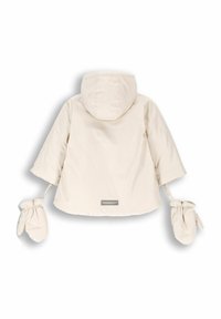 Beżowa dziecięca kurtka z kapturem, krótkimi rękawami i przymocowanymi rękawicami. Gładki, lekki materiał z małą metką z tyłu.