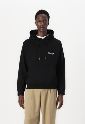 Black hooded sweatshirt made of cotton blend, featuring a front pocket and a small white logo on the chest. Smooth texture, casual fit.