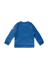 Blauwe sweatshirt met lange mouwen, ronde hals, geribbelde manchetten en zoom, en een sterrenpatch op de rechtermouw, vanaf de achterkant weergegeven.