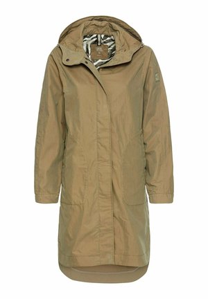 Khaki lange jas met een capuchon, voorzien van een rits aan de voorkant, twee zijzakken en een gestreepte binnenvoering. Gemaakt van textuurstof.