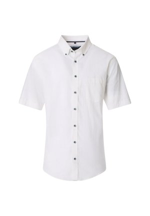Weißes kurzärmliges Hemd aus Leinen mit einem Button-Down-Kragen, einer Brusttasche und kontrastierenden blauen Knöpfen auf der Vorderseite.