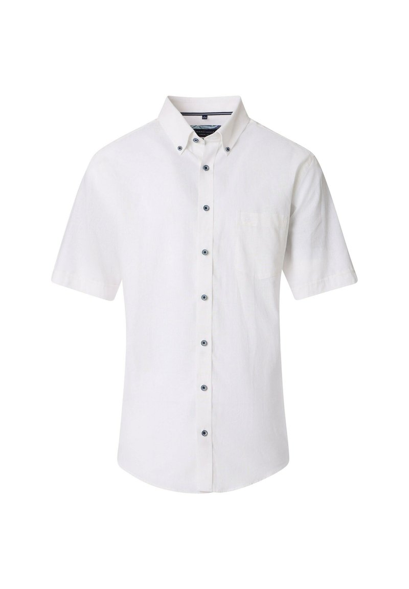 Weißes kurzärmliges Hemd aus Leinen mit einem Button-Down-Kragen, einer Brusttasche und kontrastierenden blauen Knöpfen auf der Vorderseite.