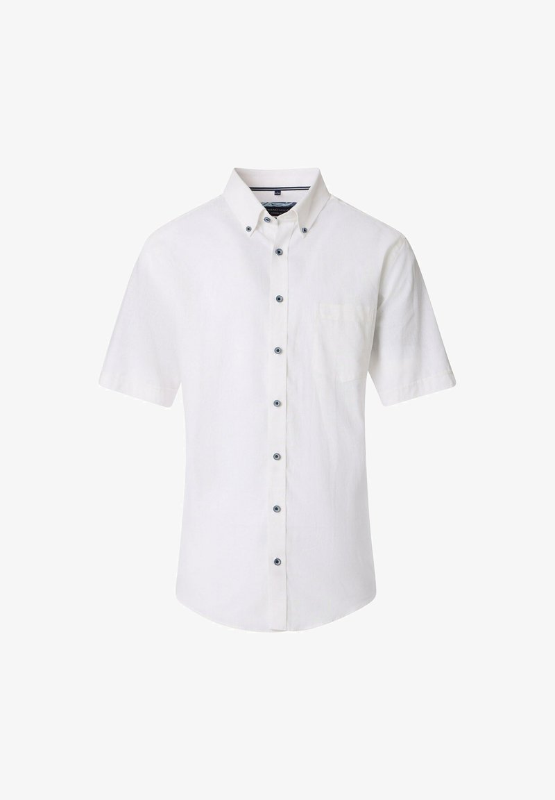 Weißes kurzärmliges Hemd aus Leinen mit einem Button-Down-Kragen, einer Brusttasche und kontrastierenden blauen Knöpfen auf der Vorderseite.