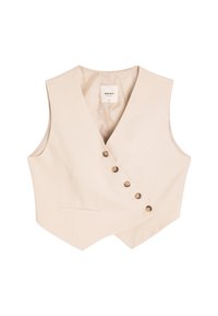 Gilet beige ajusté avec un col en V, devant croisé, six boutons et poches latérales. Tissu lisse avec un design structuré.