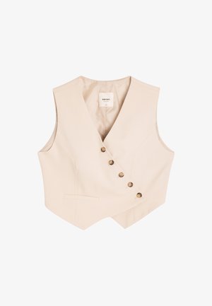 Beige maßgeschneiderte Weste mit V-Ausschnitt, doppelt geknöpftem Vorderteil, sechs Knöpfen und Seitentaschen. Glattes Material mit strukturiertem Design.