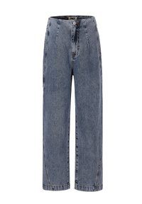 Lichtblauwe denim jeans met een hoge taille, brede pijpen en een voor sluiting met knopen. Bevat zichtbare stiksels en zijzakken. Geen patronen.