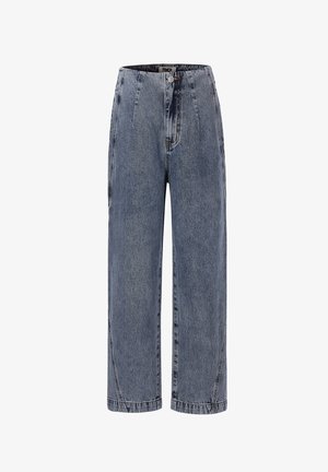 Light blue denim jeans with a high waist, wide legs, and a front button closure. Features visible stitching and side pockets. No patterns.