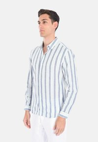 Camicia uomo a maniche lunghe con bottoni, a righe verticali blu e bianche, colletto, tessuto leggero e vestibilità rilassata.