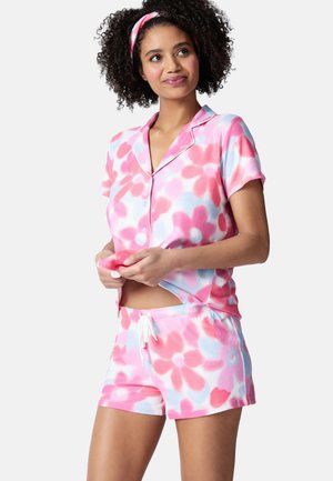 Short-sleeve, pink and blue tie-dye pajama set with floral patterns; material is soft, featuring a button-up top and elastic waistband shorts.