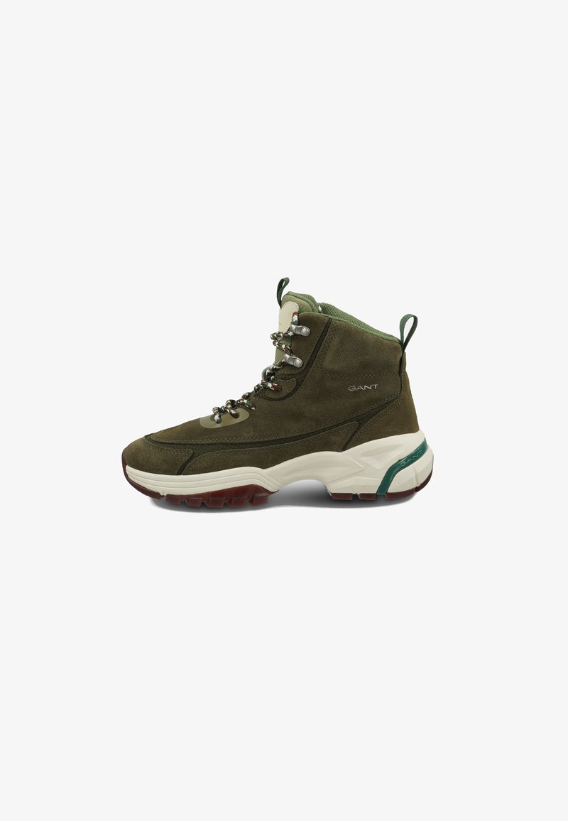 Green suede hiking boot with a high top, reinforced eyelets, metallic laces, padded collar, and a rubber sole with textured grip.