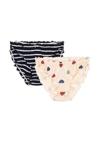 Deux paires de culottes pour enfants : l'une rayée bleu marine avec des bords ondulés, l'autre pêche pâle avec des motifs de cœurs colorés et des volants.