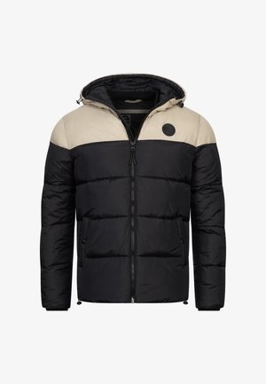 Giacca a vento nera e beige imbottita con zip frontale, cappuccio, tasche laterali, cuciture a vista e un logo rotondo sul petto. Materiale strutturato e isolato.