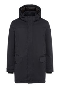 Zwarte geïsoleerde parka jack met capuchon, voorrits met drukknoopjes, schuin geplaatste zijzakken en klepzakken nabij de zoom.