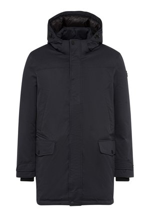 Parka nera isolata con cappuccio, zip frontale con bottoni a pressione, tasche laterali inclinate e tasche con pattina vicino all'orlo.
