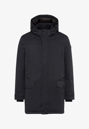 Parka nera isolata con cappuccio, zip frontale con bottoni a pressione, tasche laterali inclinate e tasche con pattina vicino all'orlo.
