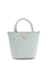 Gewatteerde mintgroene handtas met dubbele bovenhandvatten, gouden driehoekig logokenmerk en contrasterende zwarte binnenkant. Compact ontwerp met gestructureerde vorm.