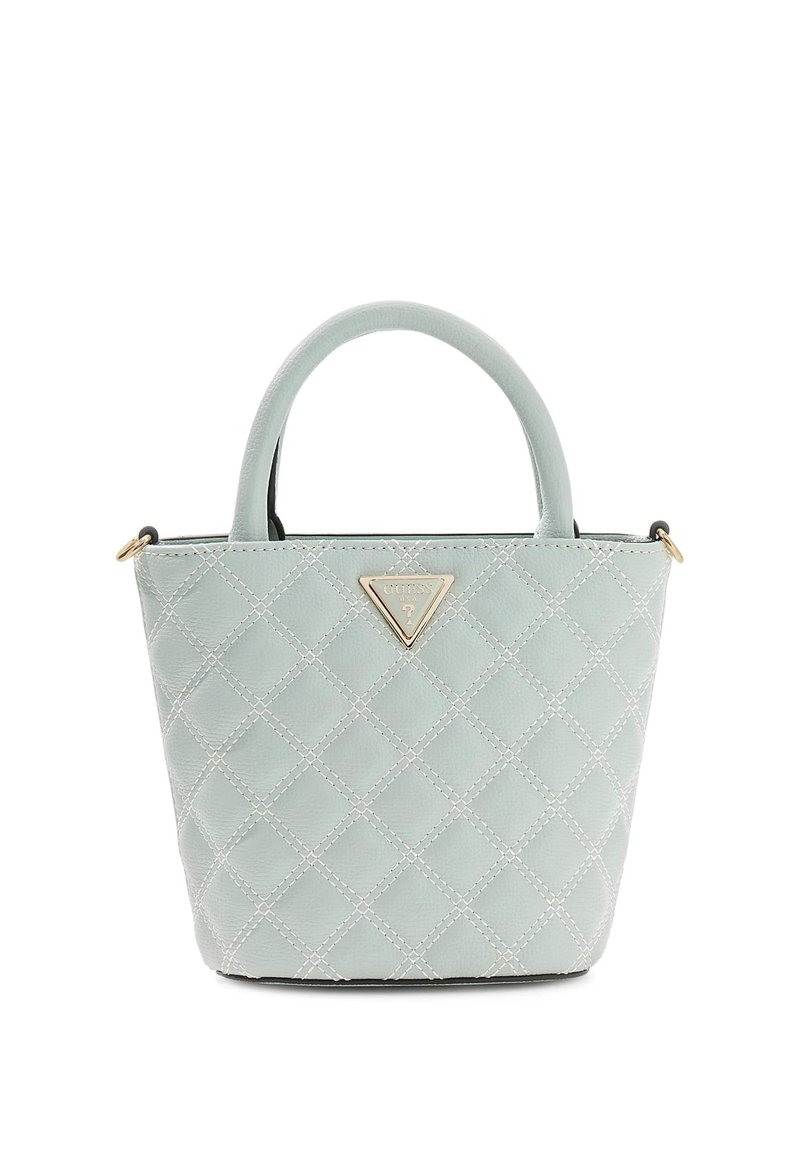 Gewatteerde mintgroene handtas met dubbele bovenhandvatten, gouden driehoekig logokenmerk en contrasterende zwarte binnenkant. Compact ontwerp met gestructureerde vorm.