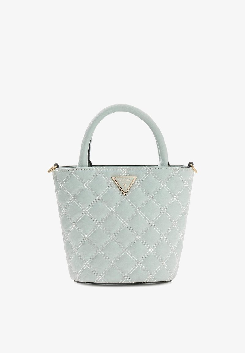 Gewatteerde mintgroene handtas met dubbele bovenhandvatten, gouden driehoekig logokenmerk en contrasterende zwarte binnenkant. Compact ontwerp met gestructureerde vorm.