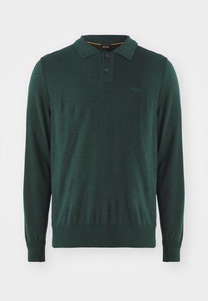 Green long-sleeve polo sweater with a two-button placket, ribbed cuffs, and hem, featuring a subtle logo on the chest.