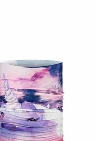 Tubo multifuncional para el cuello hecho de un tejido ligero y elástico con un diseño de unicornio y galaxia en tonos púrpura, rosa y azul.