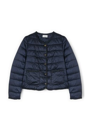 Dunkelblaue gesteppte Jacke mit rundem Ausschnitt, Knopfleiste, zwei Fronttaschen und geschwungenem Besatz an den Kanten und Manschetten.