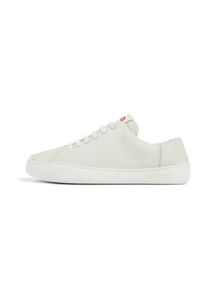 White leather sneaker with a low profile, rounded toe, flat lace closure, and white rubber sole. Features subtle stitching and a small logo.