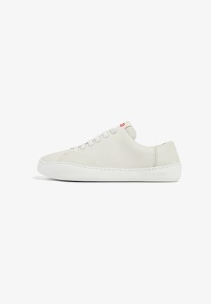 White leather sneaker with a low profile, rounded toe, flat lace closure, and white rubber sole. Features subtle stitching and a small logo.