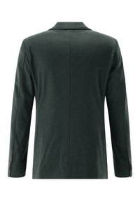 Dark gray blazer jacket shown from the back with long sleeves, buttons on cuffs, and a center seam down the back.