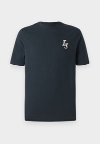 Navy blue cotton t-shirt with short sleeves, crew neck, and embroidered "LS" logo on the left chest. Smooth texture, casual fit.