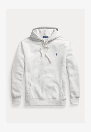 Világosszürke kapucnis pulóver, puha, texturált pamutból készült. Zsinóros kapucnival, kenguruzsebbel és egy kis sötétkék logóval rendelkezik a mellkason.