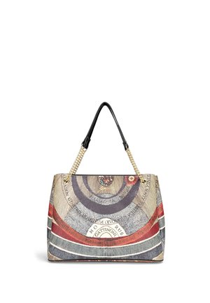 Borsa tote con manici in pelle nera e catena dorata, con stampa di una mappa celeste vintage in toni beige, rossi e grigi.