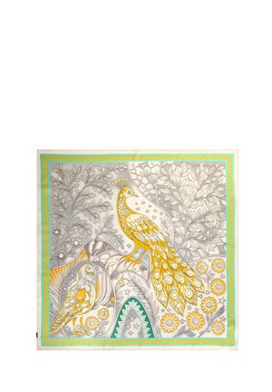Silk scarf with yellow and gray peacocks among leaves and flowers, framed by a turquoise and gold geometric border.