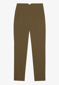 Olijfgroene op maat gemaakte broek, met een gladde textuur, slim fit, twee voorzakken en verticale stiksels.