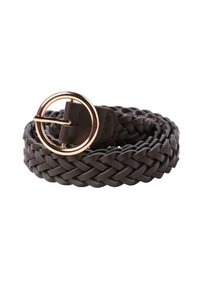 Cintura in pelle nera intrecciata con una fibbia metallica dorata a forma circolare e un'estremità affusolata, che presenta un motivo testurizzato lungo tutta la sua lunghezza.