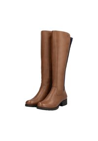 Botas de cuero marrón hasta la rodilla con un acabado liso y un panel de tela elástica en la parte trasera. Tacón bajo y diseño de punta redonda.