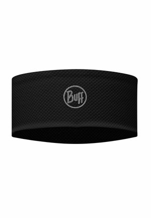 Cinta para la cabeza de tejido negro texturizado con un logo reflectante plateado de Buff centrado en la parte delantera.