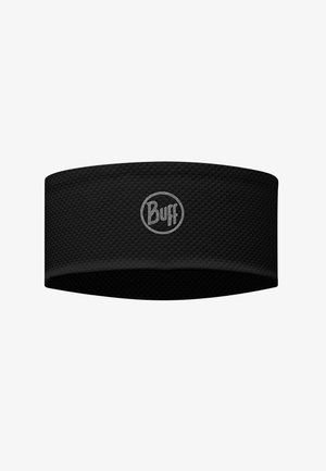 Cinta para la cabeza de tejido negro texturizado con un logo reflectante plateado de Buff centrado en la parte delantera.