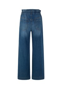 Wide-leg denim pants in dark blue, featuring an elastic waistband, two back pockets, and a smooth texture.