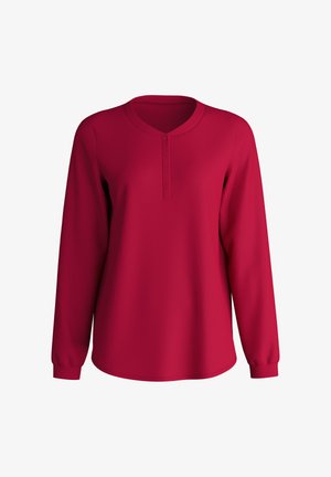 Langärmliges, rotes Henley-Shirt mit rundem Halsausschnitt und einer Knopfleiste mit drei Knöpfen. Glattes Gewebe, enganliegende Bündchen und ein leicht gewellter Saum.